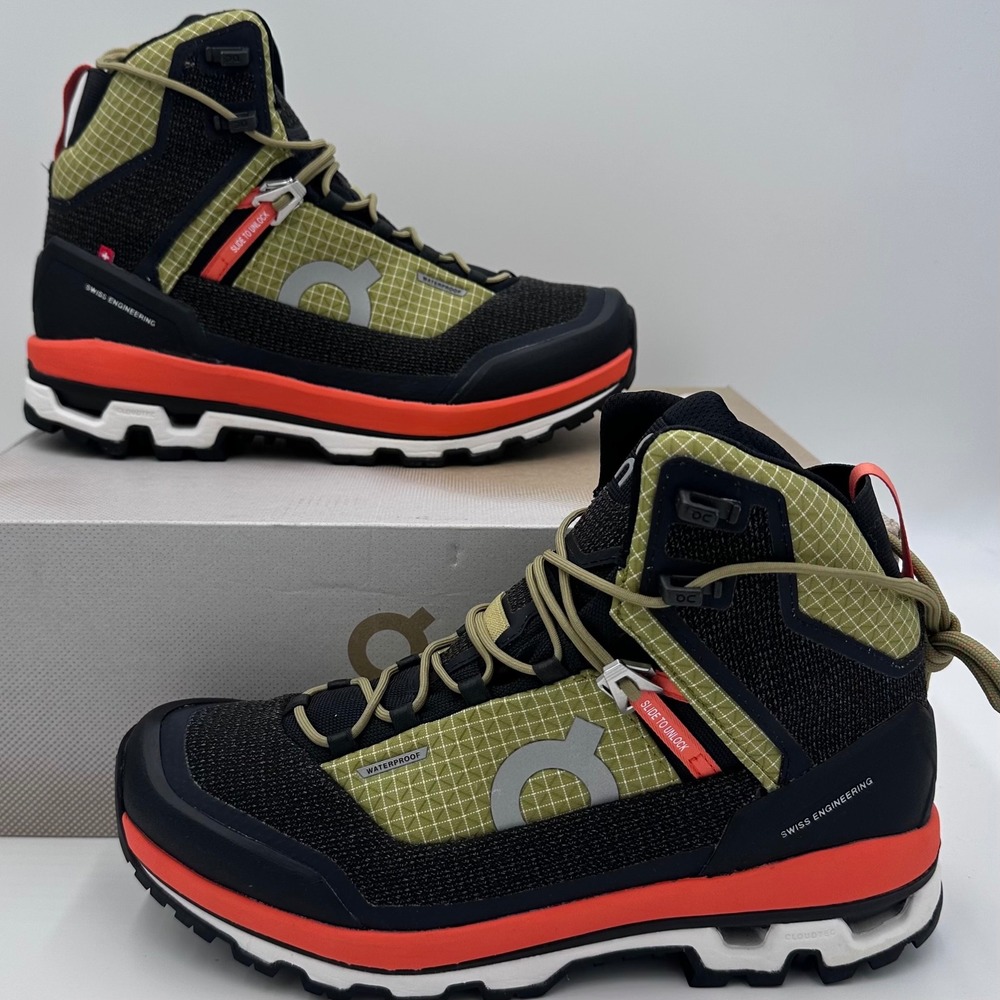 On Cloudalpine Waterproof Hiking Boots Womens 8.5 Olive Black Orange